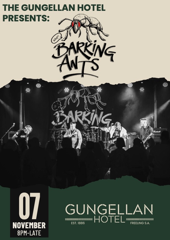 Barking Ants live at the Gungellan Hotel, Saturday 7 November, 8pm–late